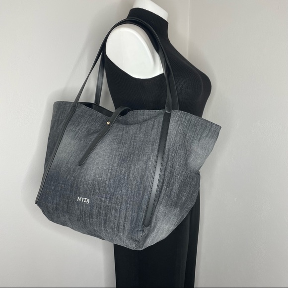 NYDJ Handbags - NYDJ Oversized Black Denim and Leather Tote Bag